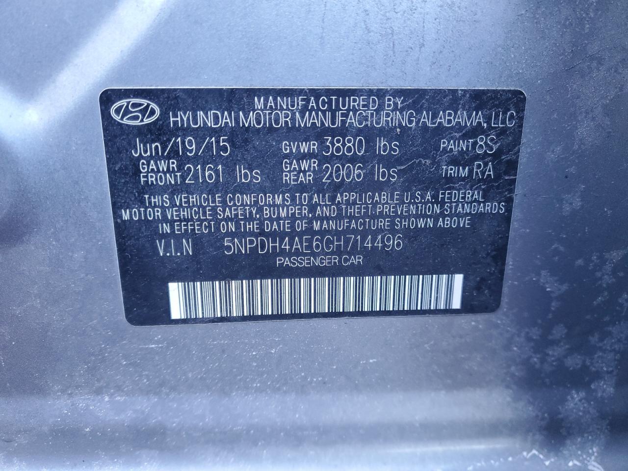 2016 Hyundai Elantra VIN 5NPDH4AE6GH714496 Copart auction photo, front end / side damage thumbnail 12