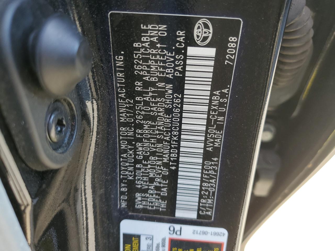 2012 Toyota Camry VIN 4T1BD1FK8CU006262 Copart auction photo, front end damage thumbnail 14