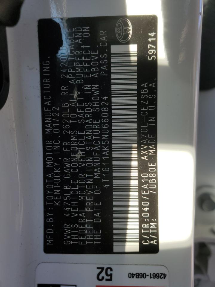 2022 Toyota Camry VIN 4T1G11AK5NU660824 Copart auction photo, all over / undercarriage damage thumbnail 13