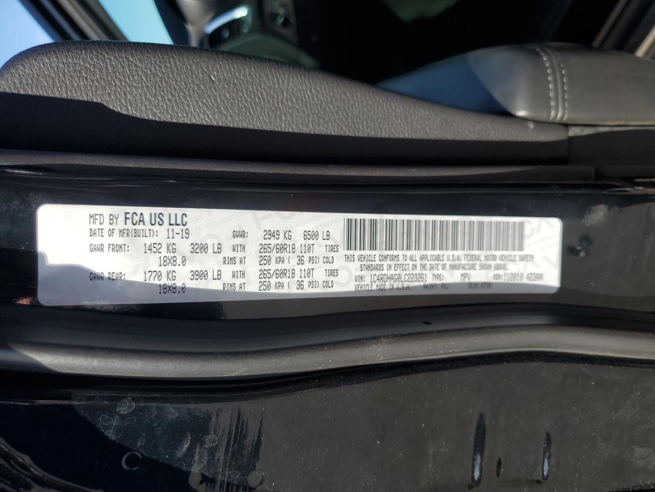 2020 Dodge Durango VIN 1C4RDHAG0LC223261 Copart auction photo, front end damage thumbnail 13