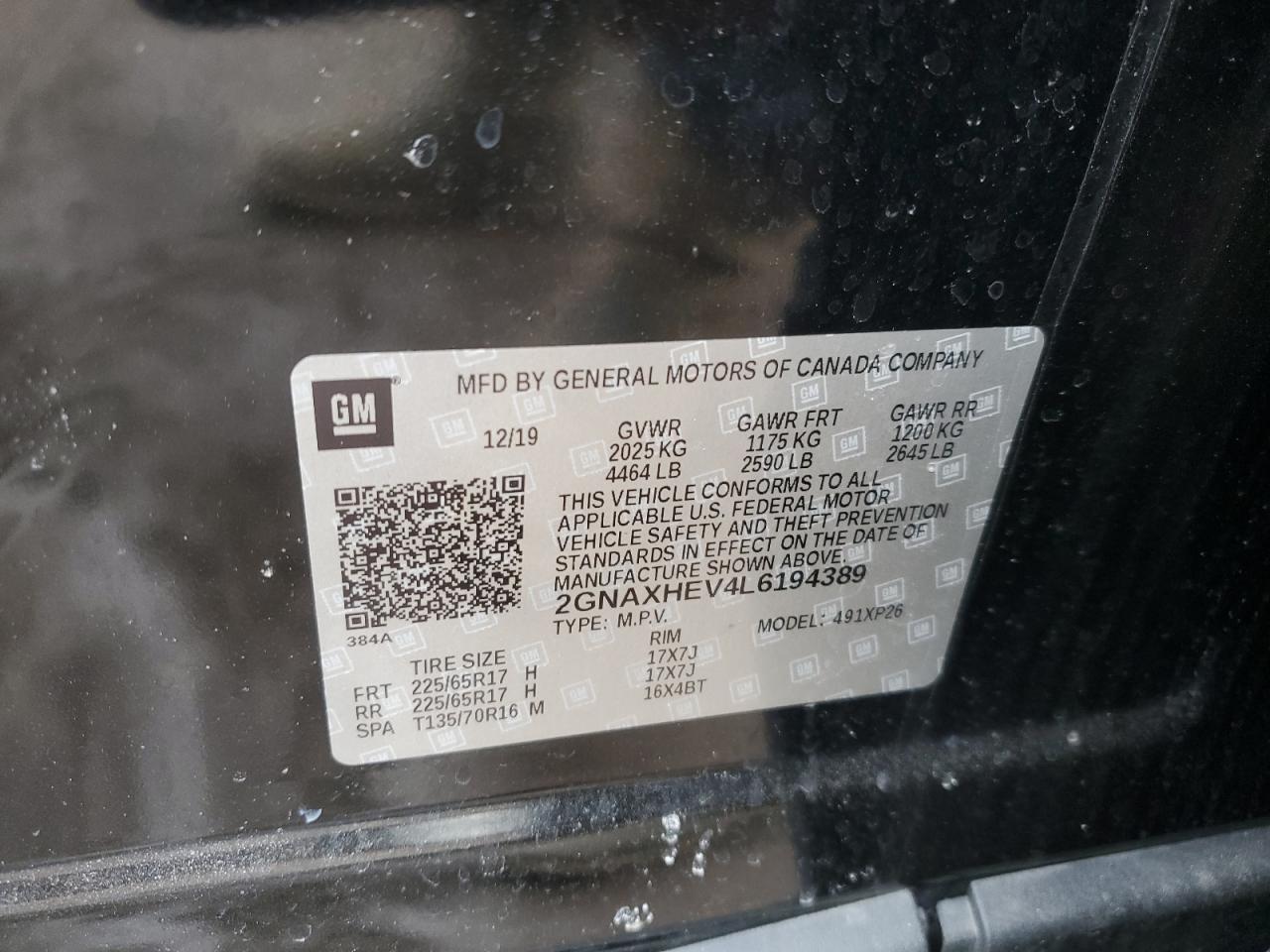 2020 Chevrolet Equinox VIN 2GNAXHEV4L6194389 Copart auction photo, front end / side damage thumbnail 12