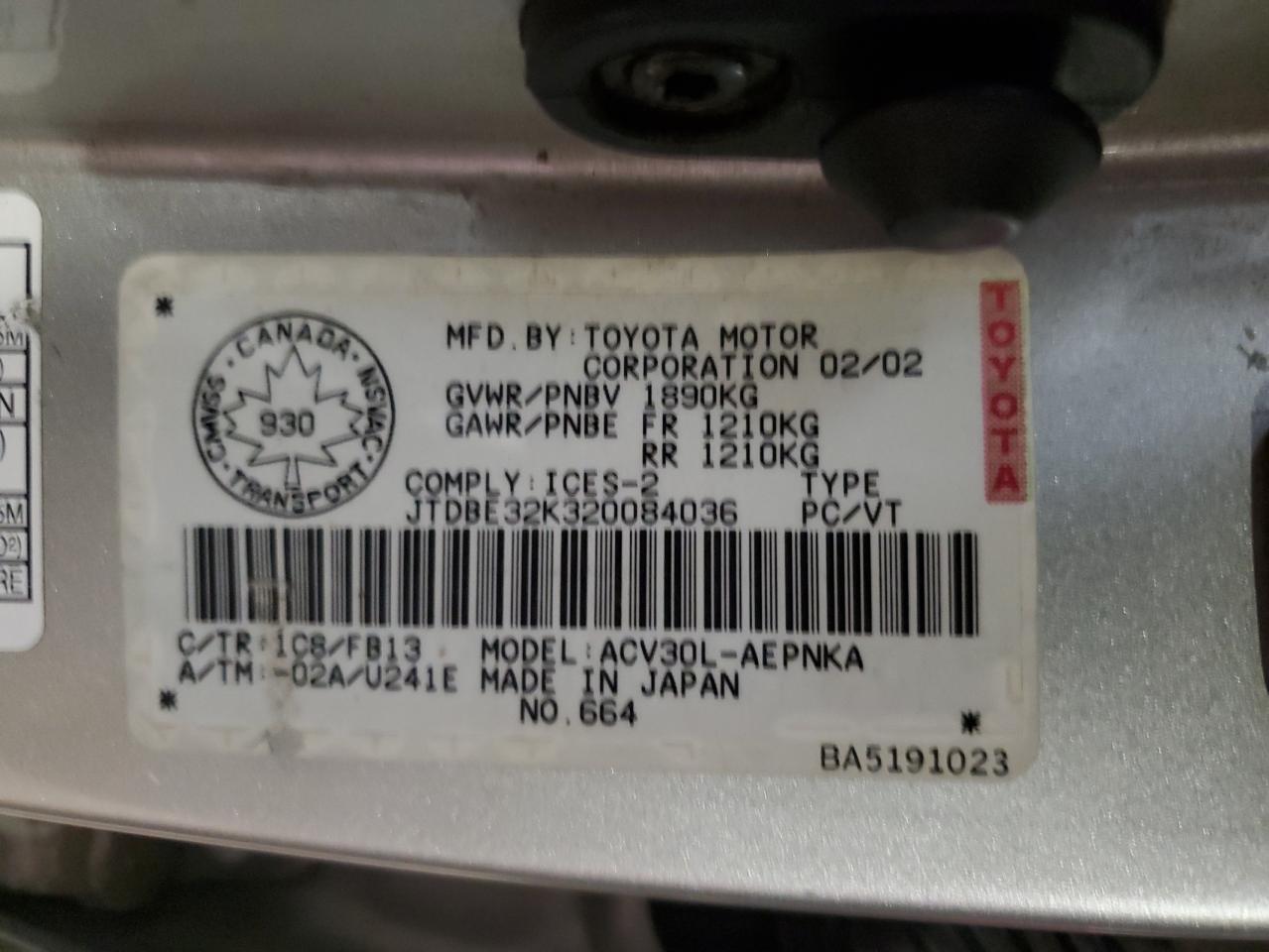2002 Toyota Camry VIN JTDBE32K320084036 Copart auction photo, all over / hail damage thumbnail 12