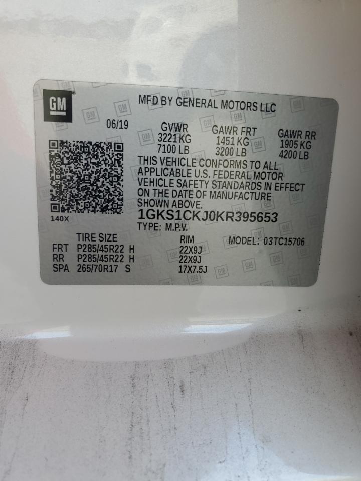 2019 GMC Yukon VIN 1GKS1CKJ0KR395653 Copart auction photo, water/flood damage thumbnail 14