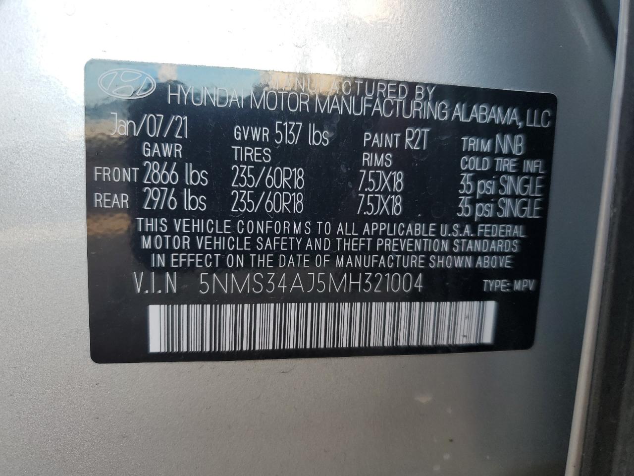 2021 Hyundai Santa Fe VIN 5NMS34AJ5MH321004 Copart auction photo, rear end / front end damage thumbnail 13