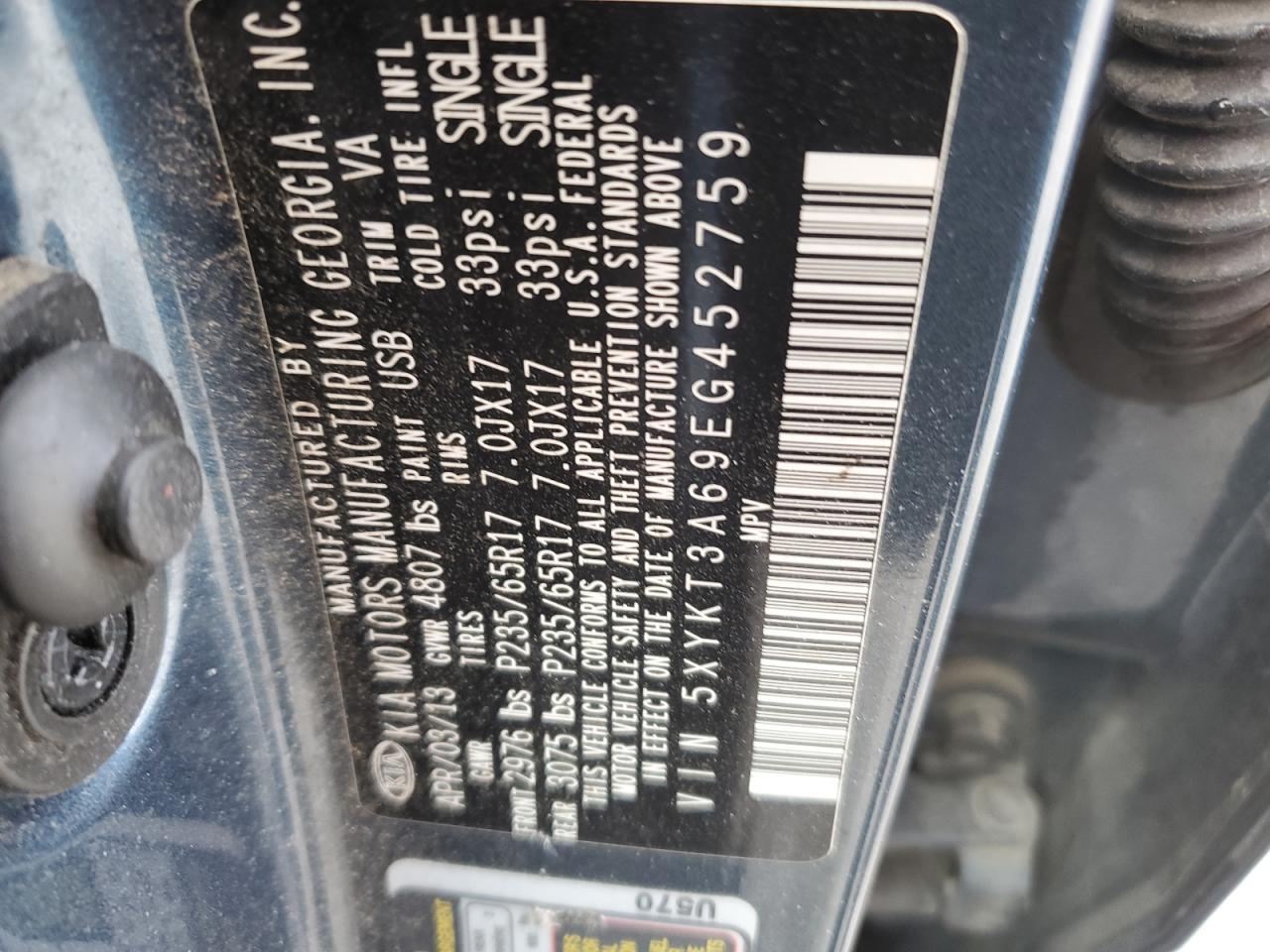 2014 KIA Sorento VIN 5XYKT3A69EG452759 Copart auction photo, side damage thumbnail 12