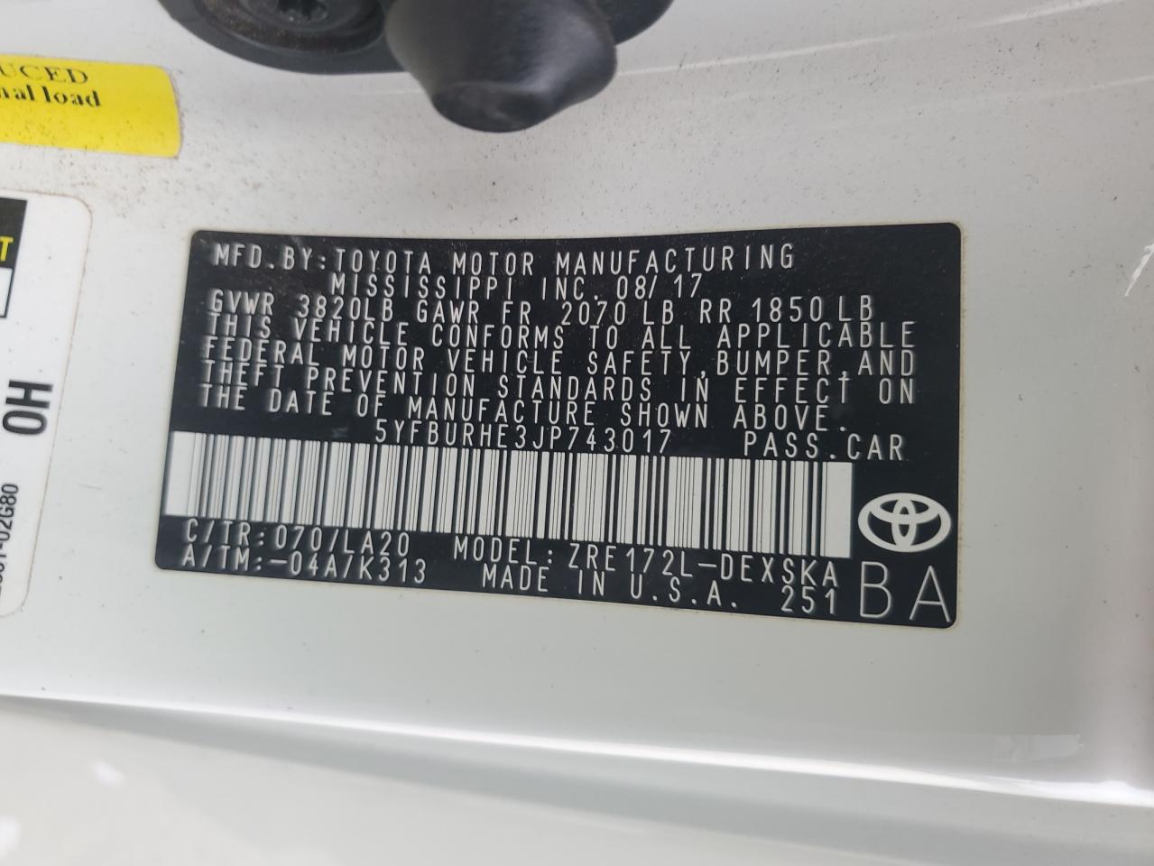 2018 Toyota Corolla VIN 5YFBURHE3JP743017 Copart auction photo, front end / side damage thumbnail 13