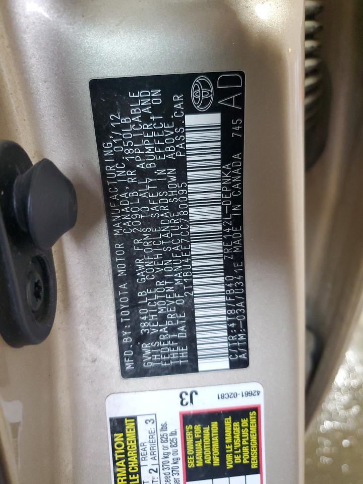 2012 Toyota Corolla VIN 2T1BU4EE7CC780095 Copart auction photo, front end damage thumbnail 12