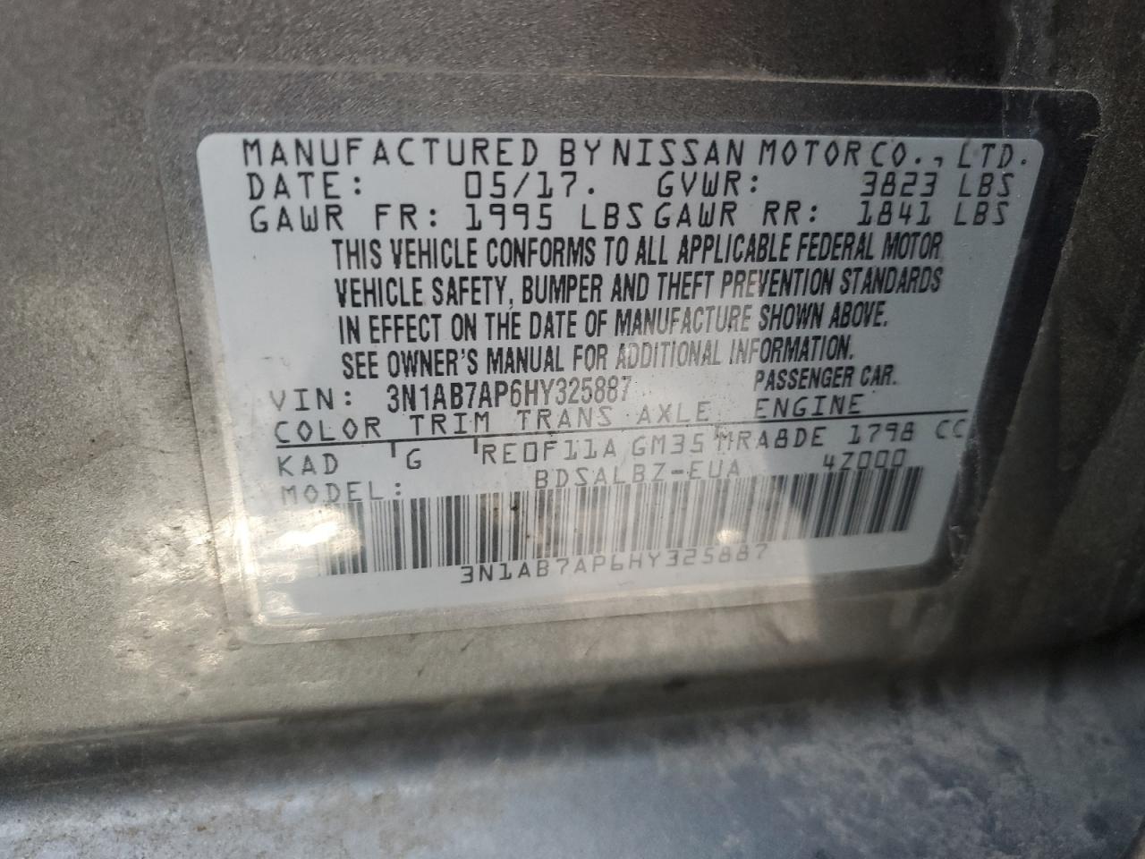 2017 Nissan Sentra VIN 3N1AB7AP6HY325887 Copart auction photo, front end damage thumbnail 14