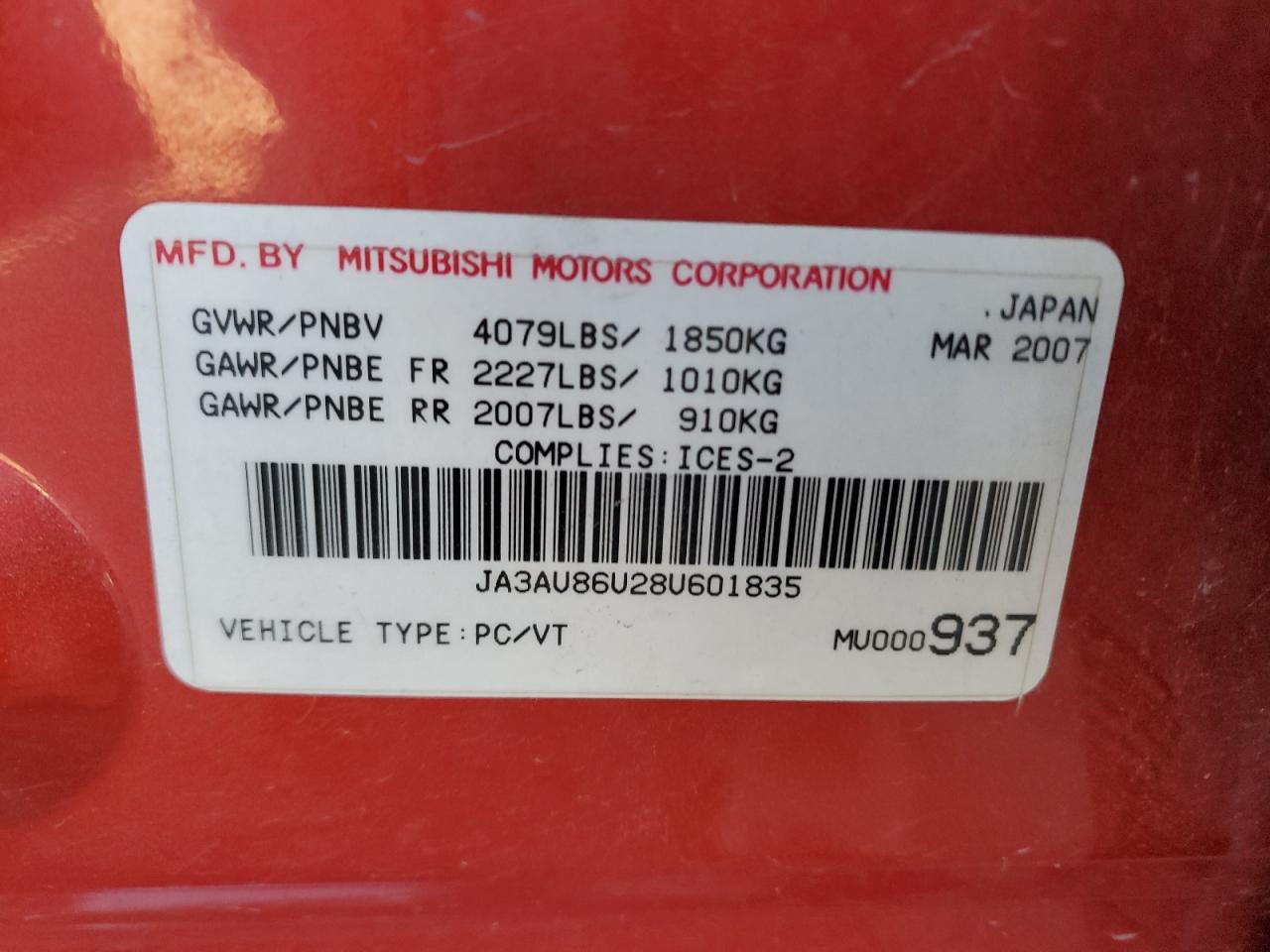 2008 Mitsubishi Lancer VIN JA3AU86U28U601835 Copart auction photo, rear end / front end damage thumbnail 12