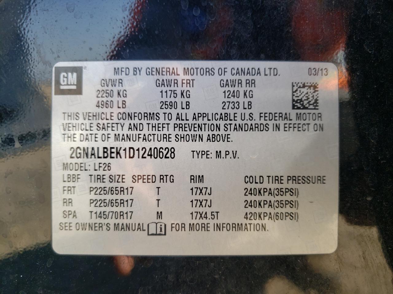 2013 Chevrolet Equinox VIN 2GNALBEK1D1240628 Copart auction photo, rear end / front end damage thumbnail 13