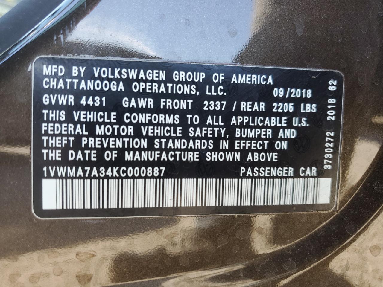 2019 Volkswagen Passat VIN 1VWMA7A34KC000887 Copart auction photo, front end / minor dent/scratches damage thumbnail 12
