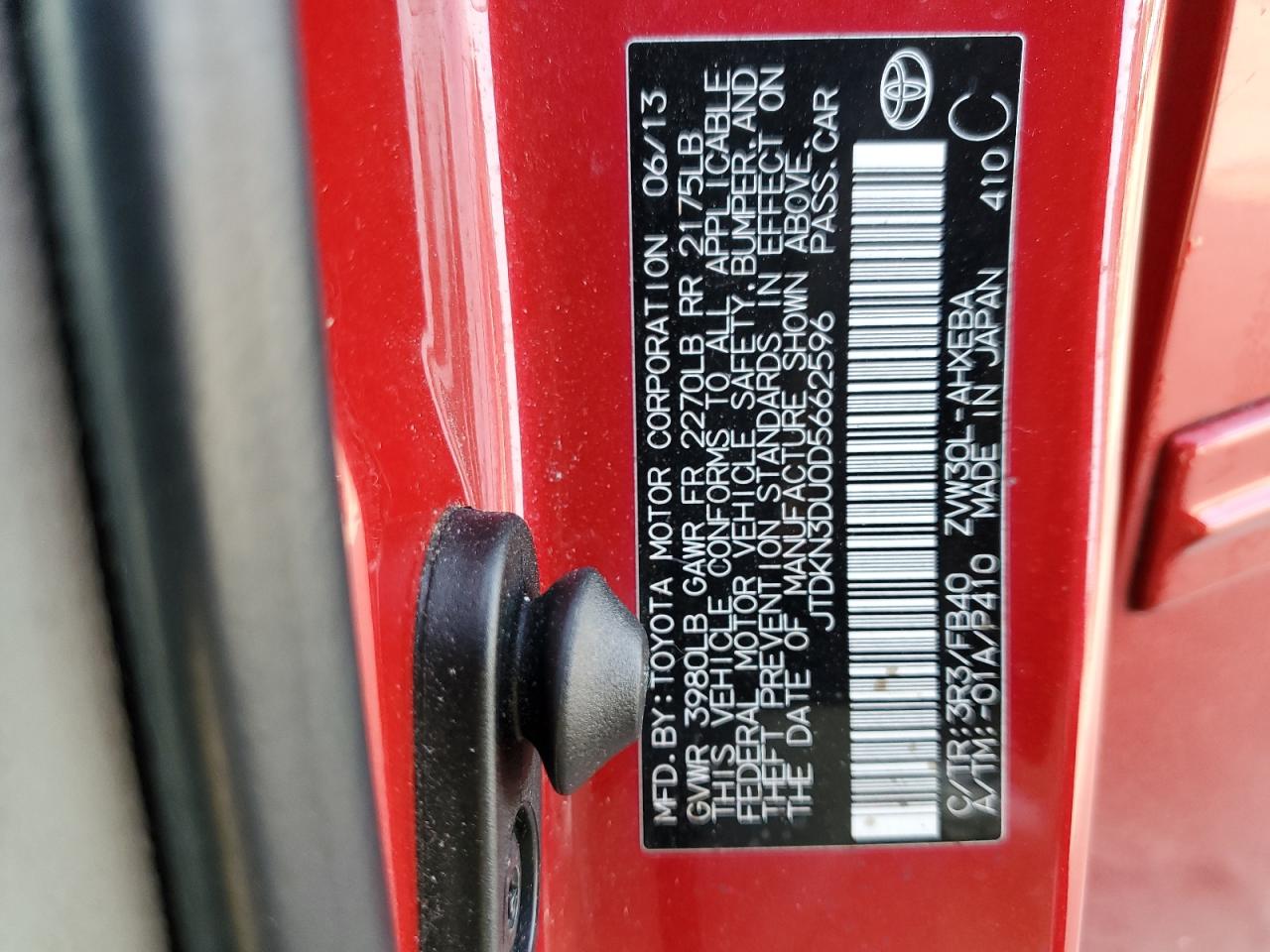 2013 Toyota Prius VIN JTDKN3DU0D5662596 Copart auction photo, rear end / side damage thumbnail 14