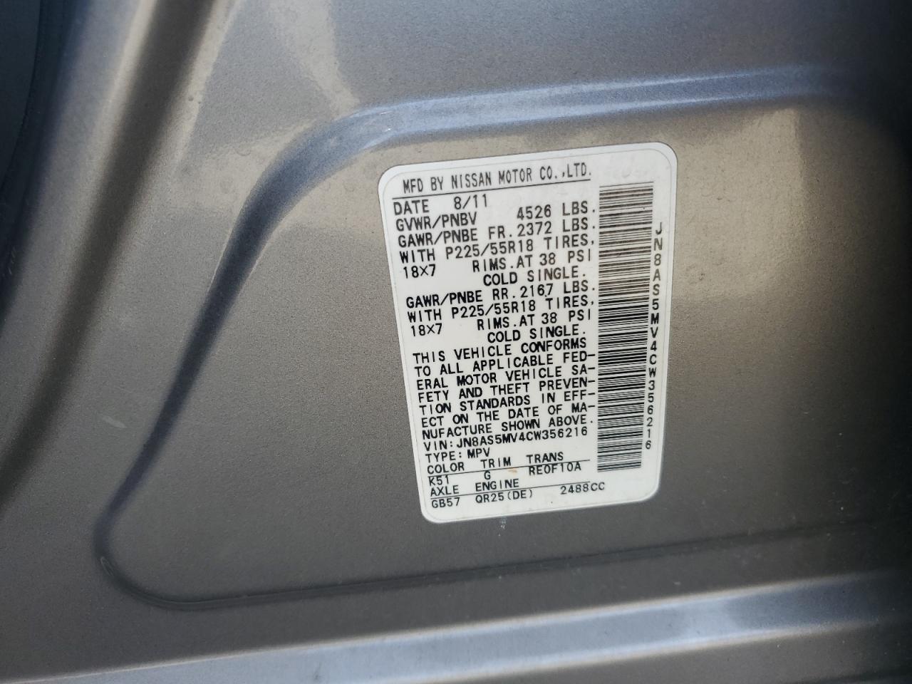 2012 Nissan Rogue VIN JN8AS5MV4CW356216 Copart auction photo, front end damage thumbnail 13