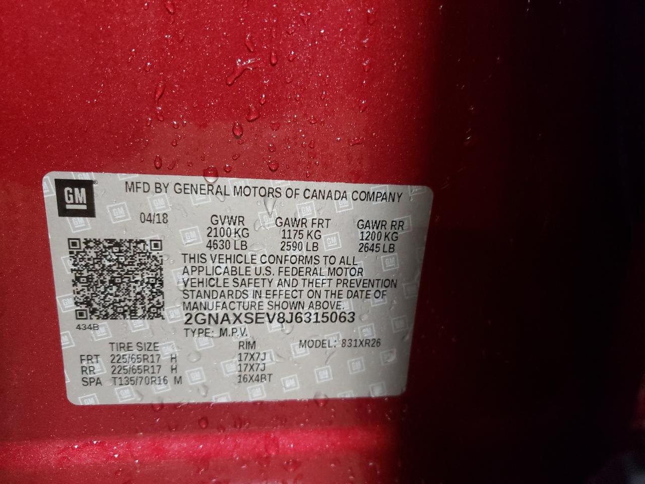 2018 Chevrolet Equinox VIN 2GNAXSEV8J6315063 Copart auction photo, front end damage thumbnail 13