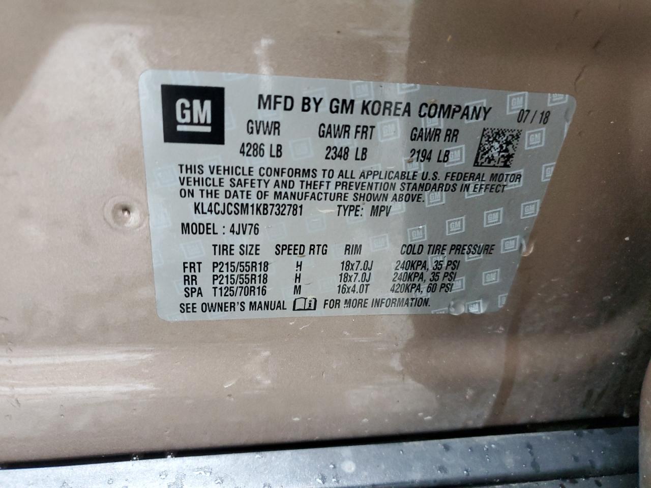 2019 Buick Encore VIN KL4CJCSM1KB732781 Copart auction photo, side / front end damage thumbnail 15