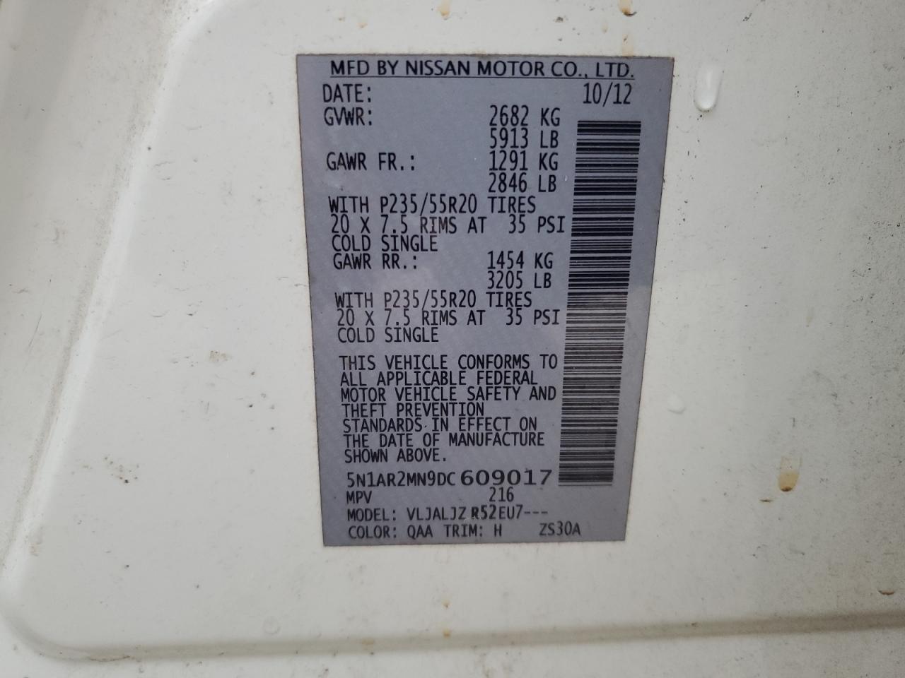 2013 Nissan Pathfinder VIN 5N1AR2MN9DC609017 Copart auction photo, side / front end damage thumbnail 14
