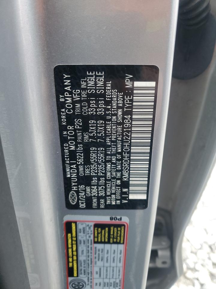 2017 Hyundai Santa Fe VIN KM8SRDHF0HU221984 Copart auction photo, front end damage thumbnail 13