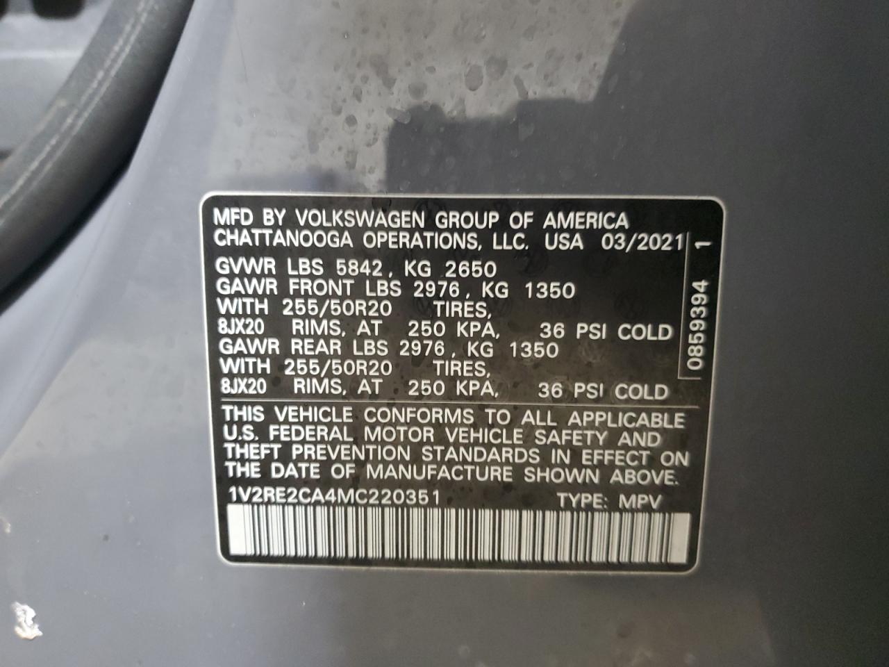 2021 Volkswagen Atlas VIN 1V2RE2CA4MC220351 Copart auction photo, front end damage thumbnail 13