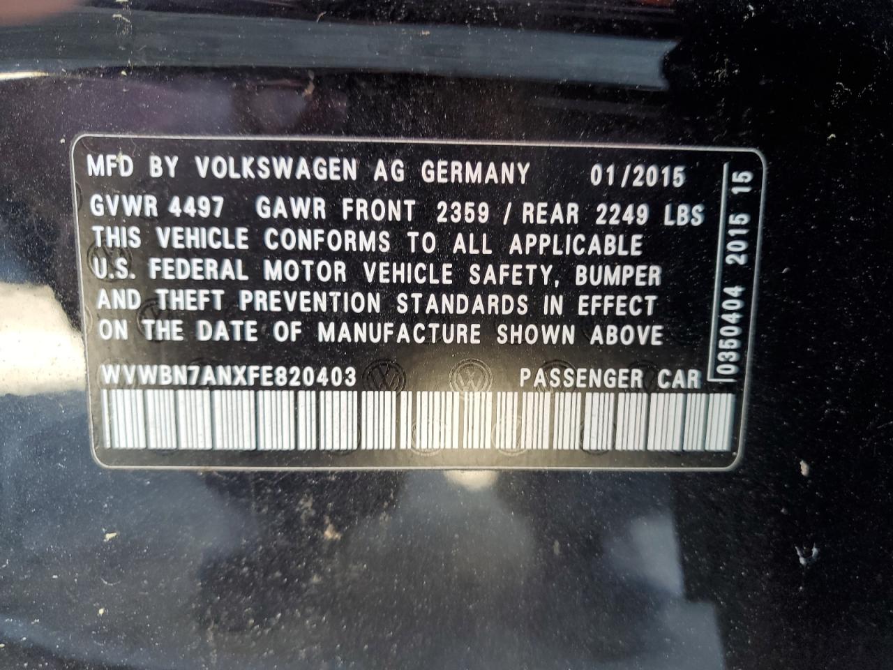 2015 Volkswagen Passat CC VIN WVWBN7ANXFE820403 Copart auction photo, minor dent/scratches damage thumbnail 12