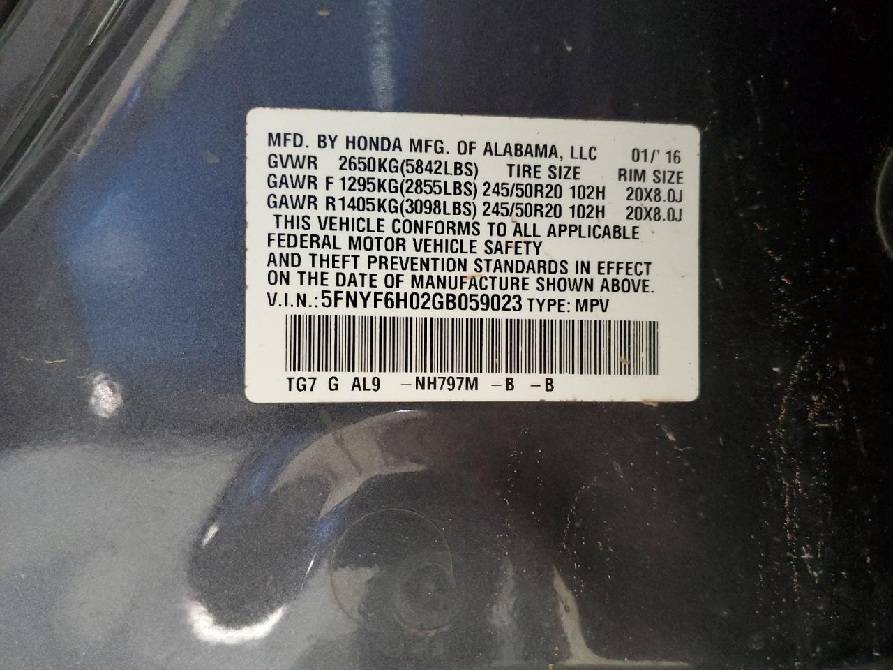 2016 Honda Pilot VIN 5FNYF6H02GB059023 Copart auction photo, water/flood damage thumbnail 13
