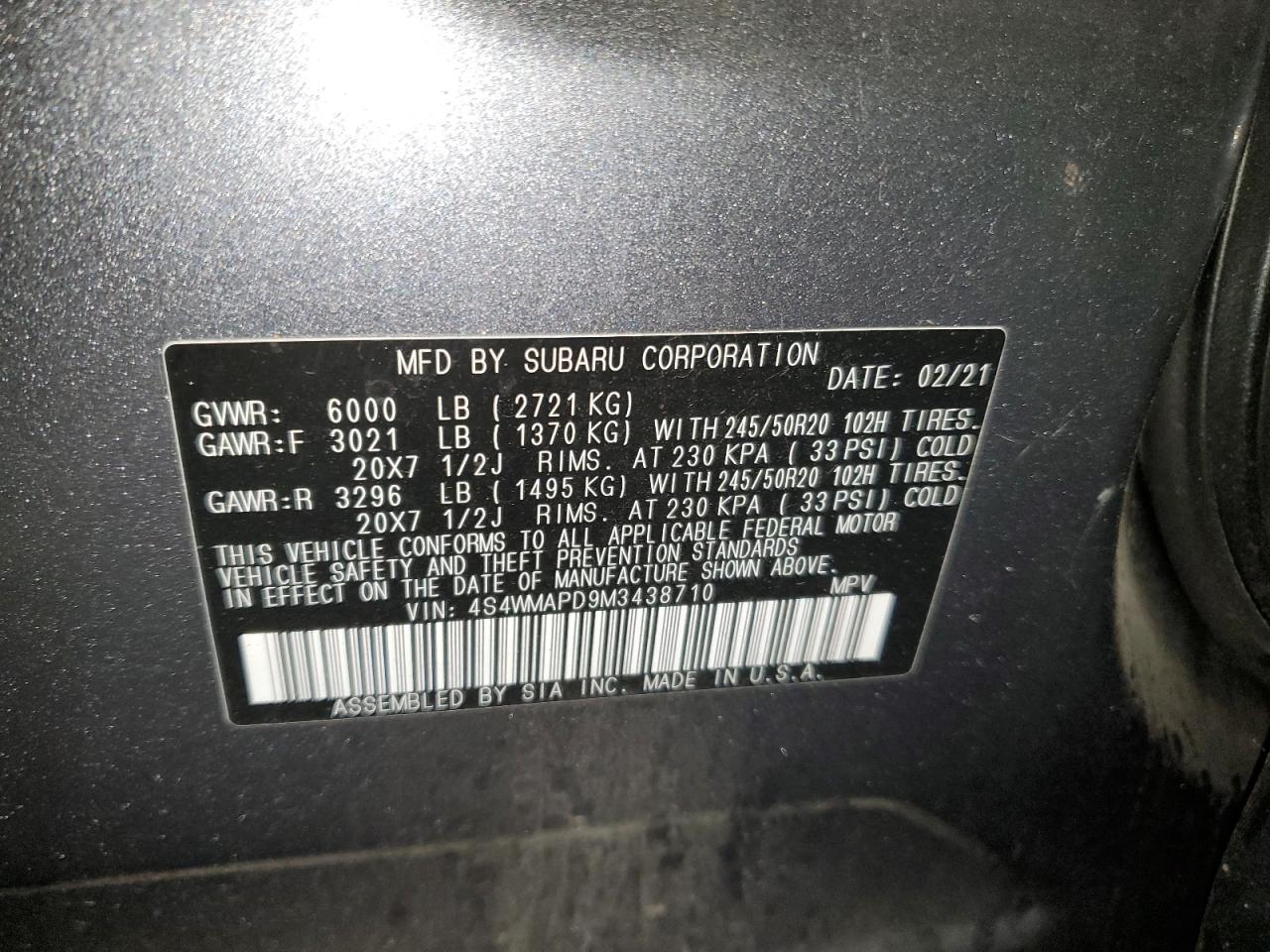 2021 Subaru Ascent VIN 4S4WMAPD9M3438710 Copart auction photo, front end / minor dent/scratches damage thumbnail 15