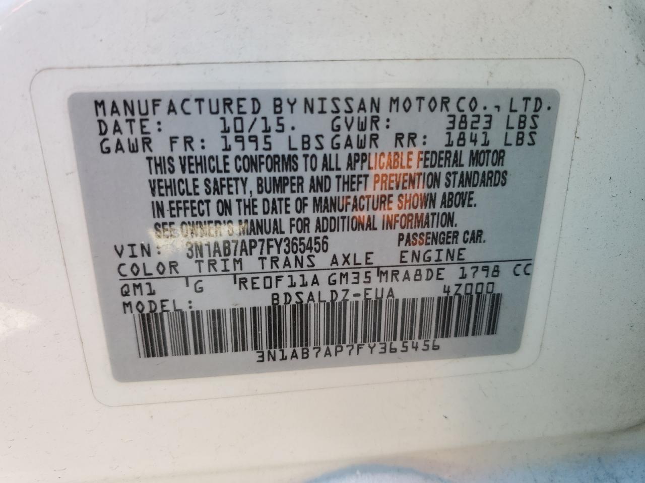 2015 Nissan Sentra VIN 3N1AB7AP7FY365456 Copart auction photo, rear end / side damage thumbnail 12