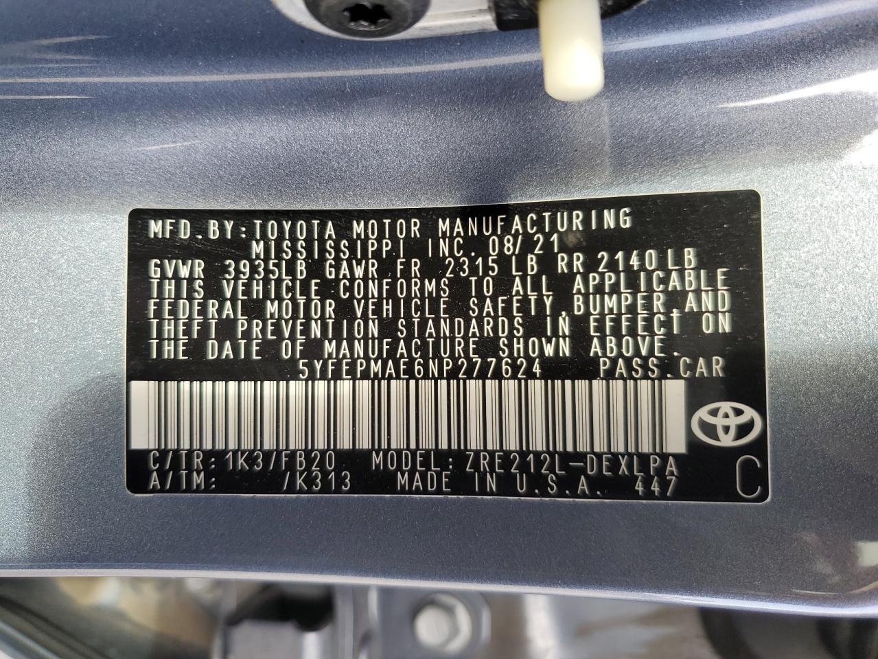 2022 Toyota Corolla VIN 5YFEPMAE6NP277624 Copart auction photo, front end / rear end damage thumbnail 14