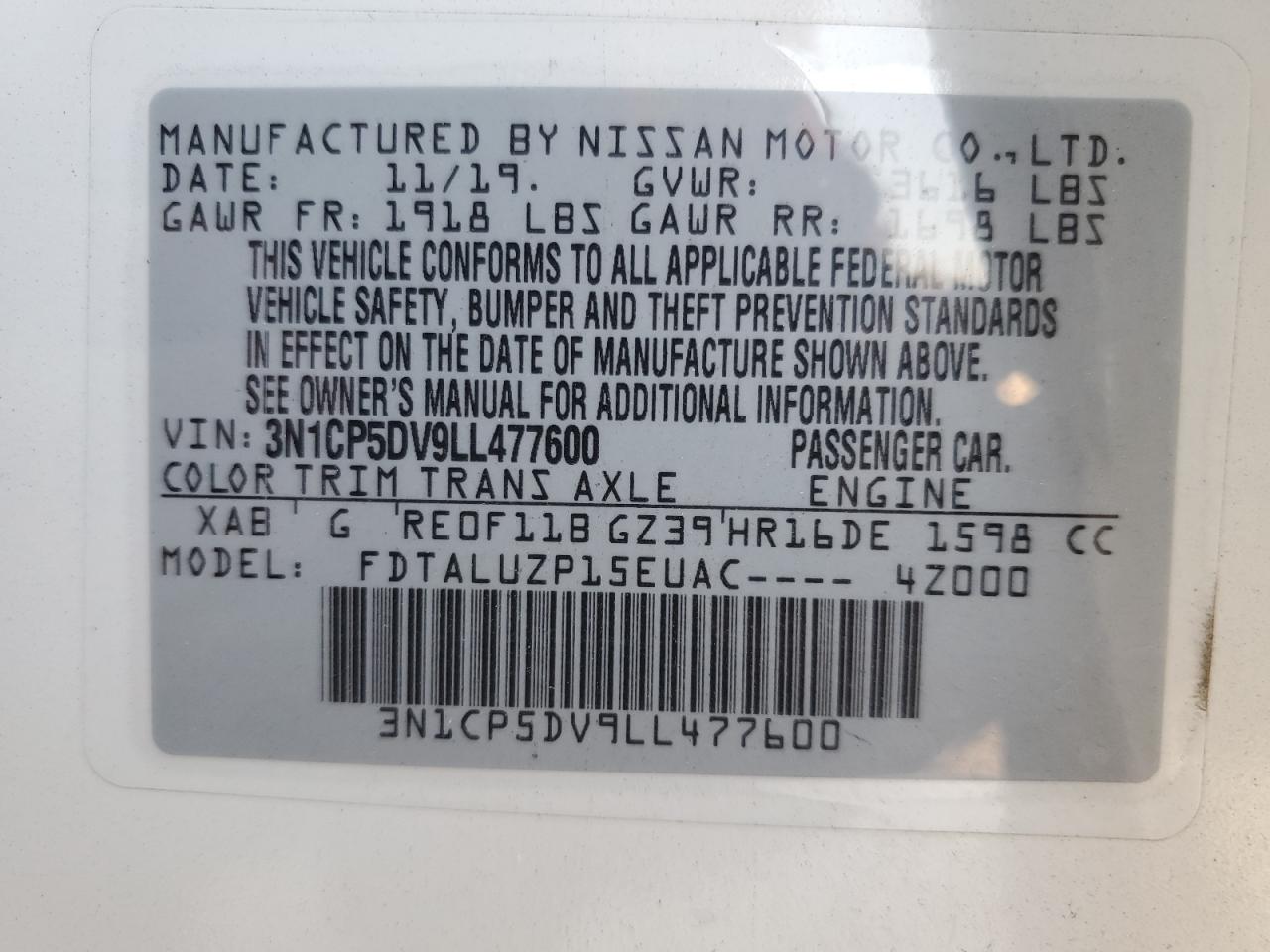 2020 Nissan Kicks VIN 3N1CP5DV9LL477600 Copart auction photo, front end damage thumbnail 13
