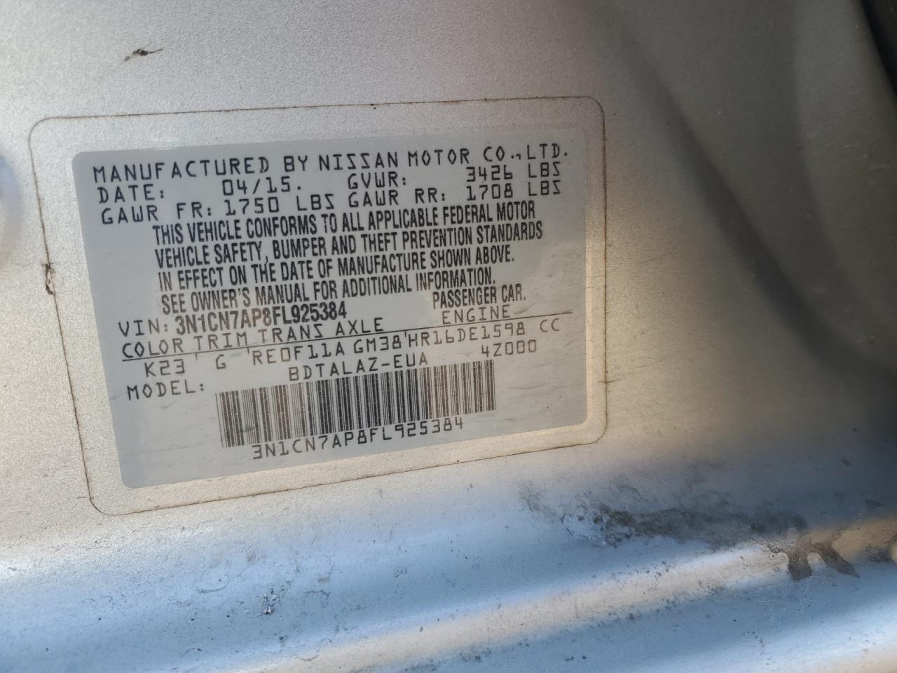 2015 Nissan Versa VIN 3N1CN7AP8FL925384 Copart auction photo, all over damage thumbnail 13