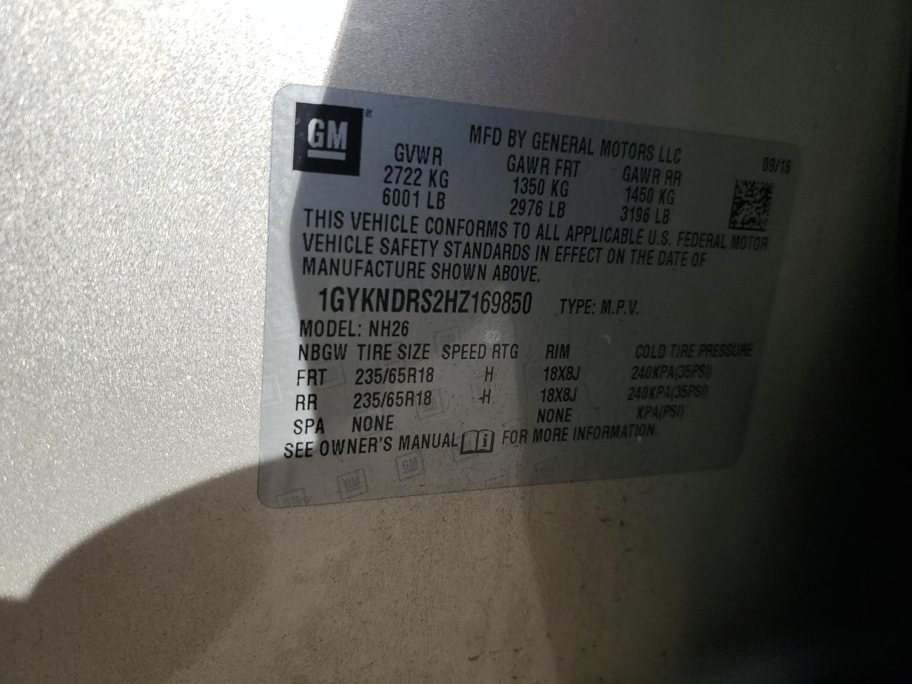 2017 Cadillac XT5 VIN 1GYKNDRS2HZ169850 Copart auction photo, side damage thumbnail 12