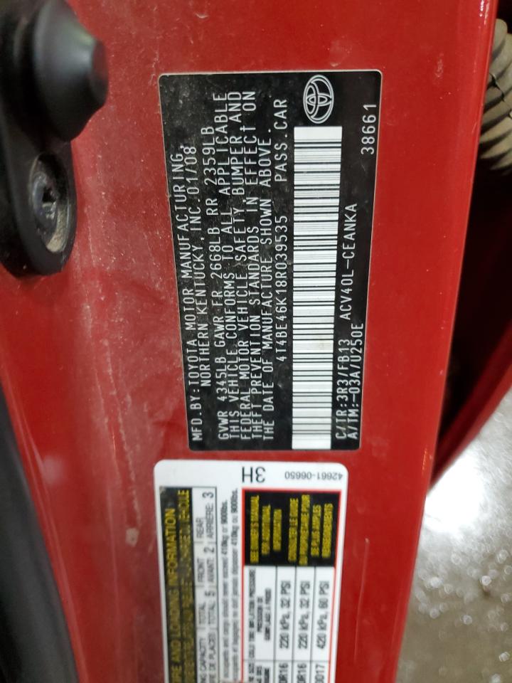2008 Toyota Camry VIN 4T4BE46K18R039535 Copart auction photo, front end / side damage thumbnail 12