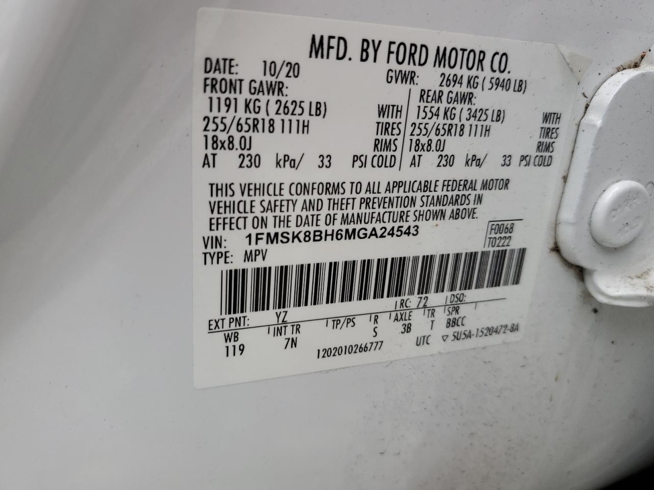2021 Ford Explorer VIN 1FMSK8BH6MGA24543 Copart auction photo, front end damage thumbnail 15