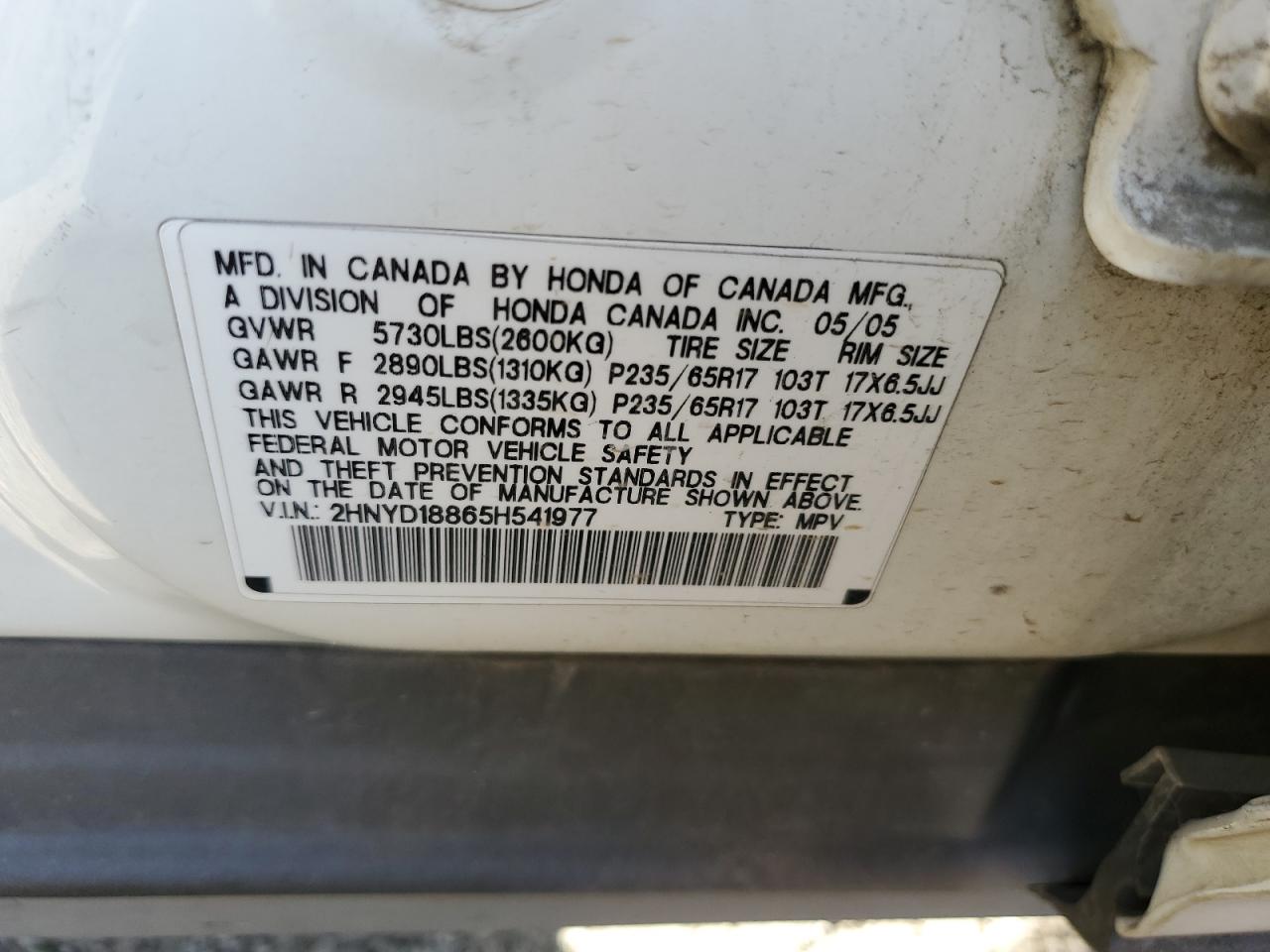 2005 Acura MDX VIN 2HNYD18865H541977 Copart auction photo, vandalism damage thumbnail 12