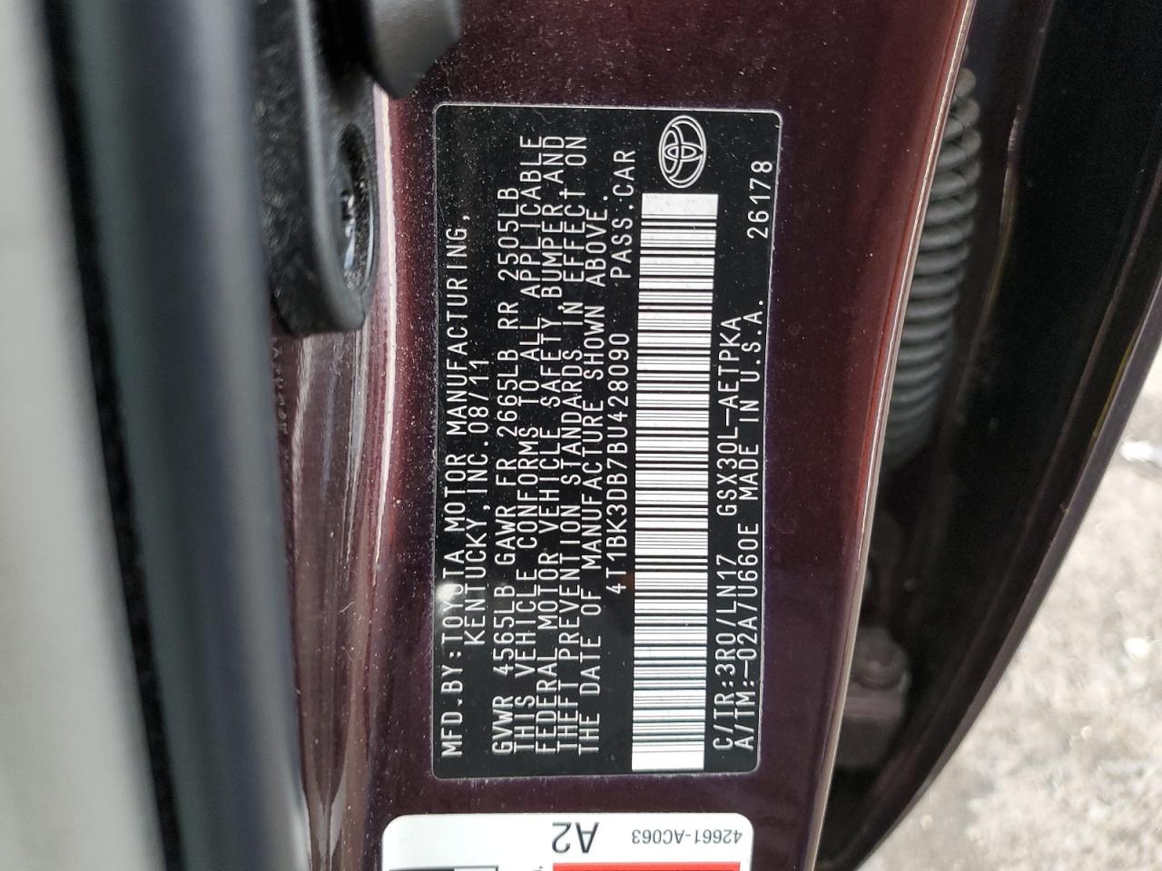 2011 Toyota Avalon VIN 4T1BK3DB7BU428090 Copart auction photo, front end / side damage thumbnail 12