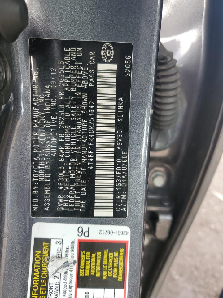 2012 Toyota Camry VIN 4T4BF1FK4CR251642 Copart auction photo, rear end / minor dent/scratches damage thumbnail 12