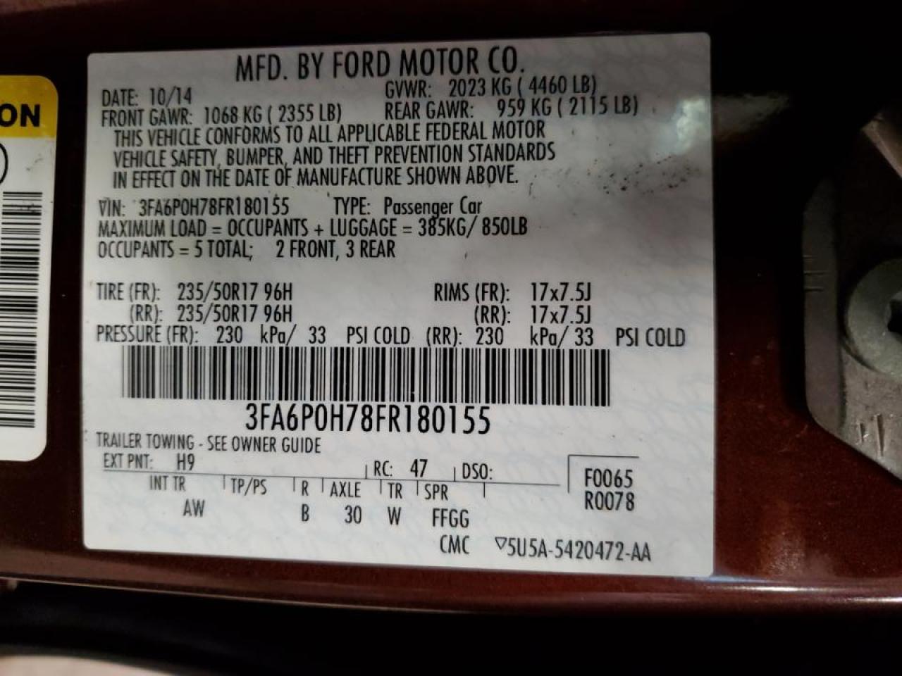 2015 Ford Fusion VIN 3FA6P0H78FR180155 Copart auction photo, front end damage thumbnail 12
