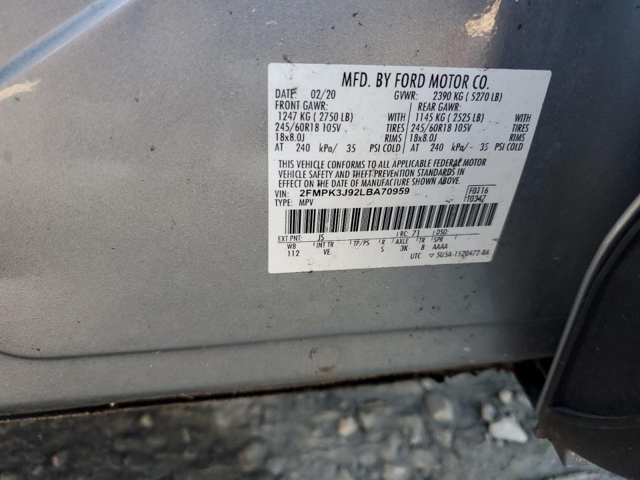 2020 Ford Edge VIN 2FMPK3J92LBA70959 Copart auction photo, all over / water/flood damage thumbnail 14