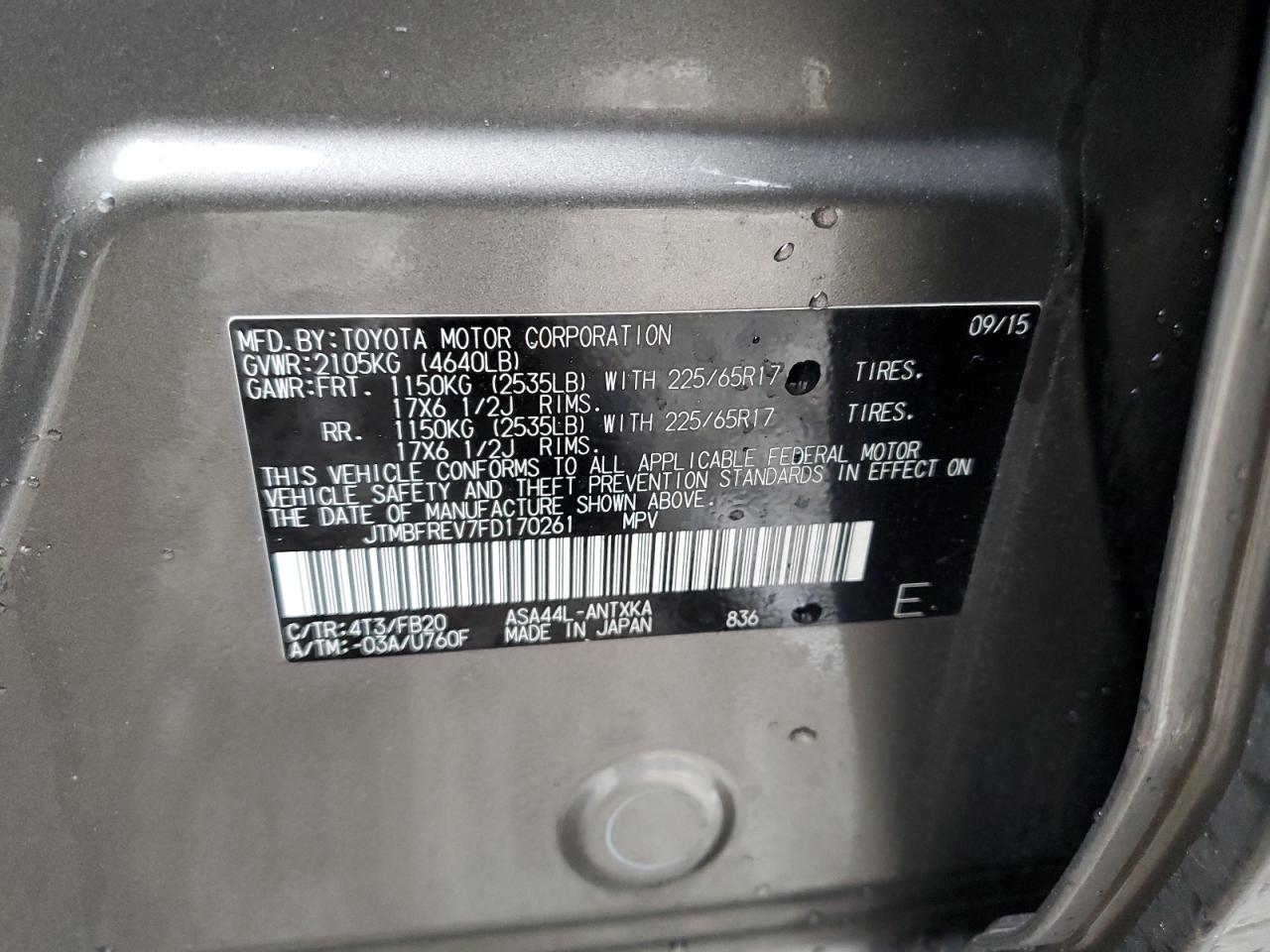 2015 Toyota RAV 4 VIN JTMBFREV7FD170261 Copart auction photo, front end / minor dent/scratches damage thumbnail 13