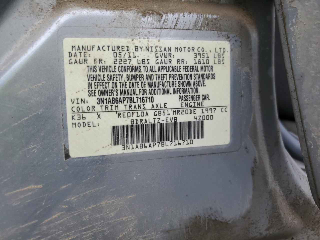 2011 Nissan Sentra VIN 3N1AB6AP7BL716710 Copart auction photo, front end / all over damage thumbnail 15
