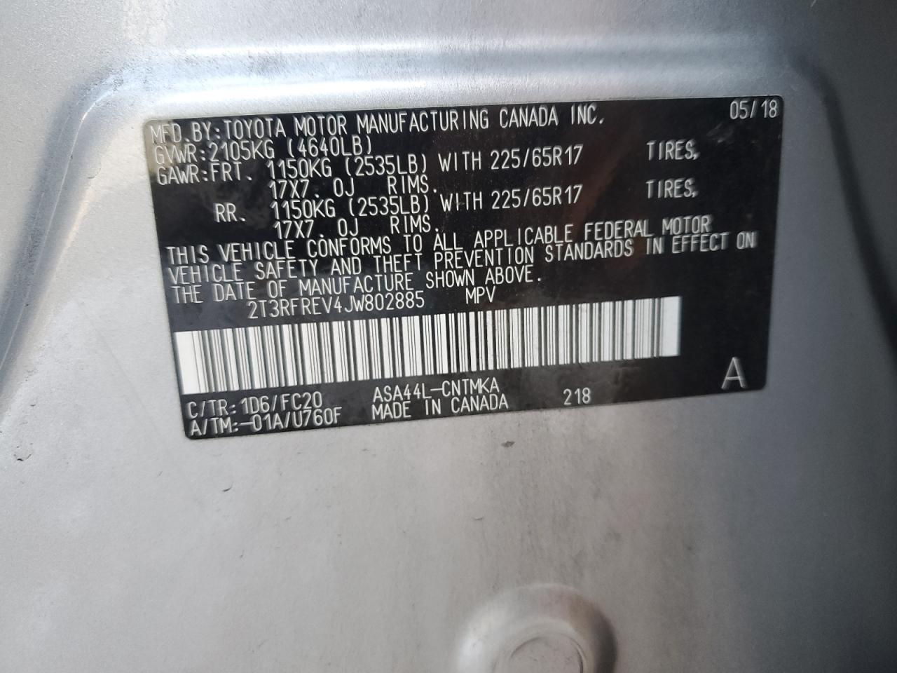 2018 Toyota RAV 4 VIN 2T3RFREV4JW802885 Copart auction photo, front end damage thumbnail 13