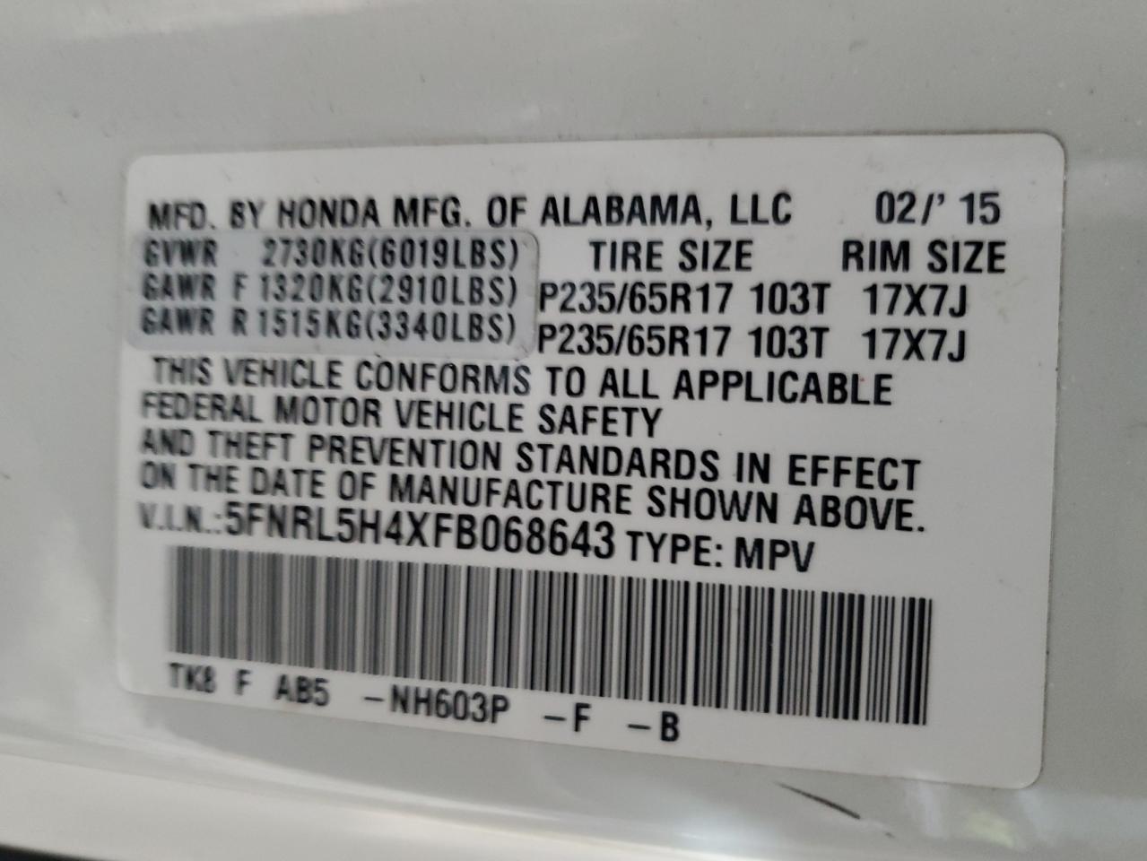 2015 Honda Odyssey VIN 5FNRL5H4XFB068643 Copart auction photo, front end damage thumbnail 13