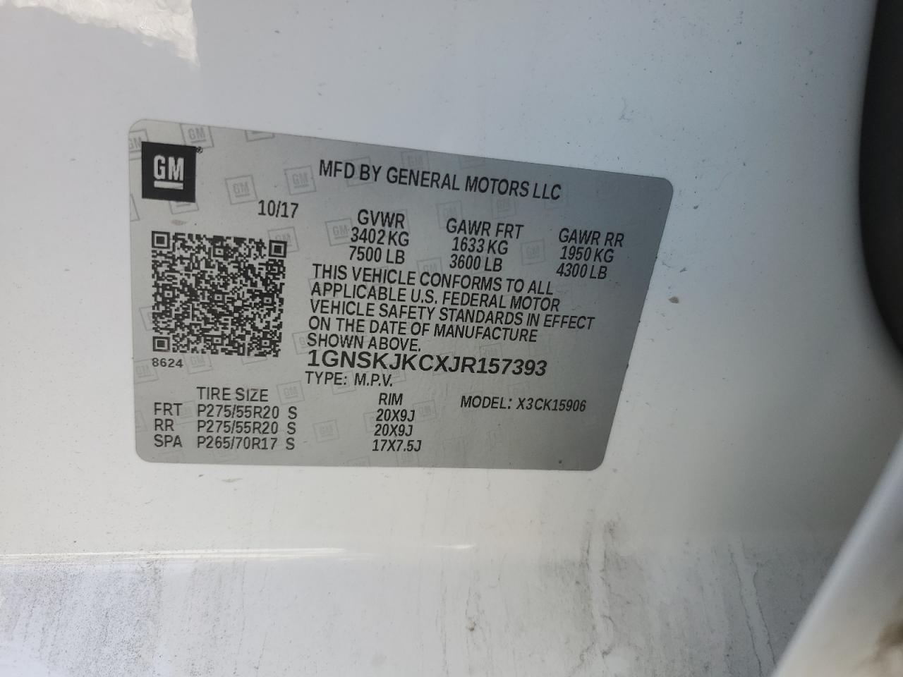 2018 Chevrolet Suburban VIN 1GNSKJKCXJR157393 Copart auction photo, front end damage thumbnail 15