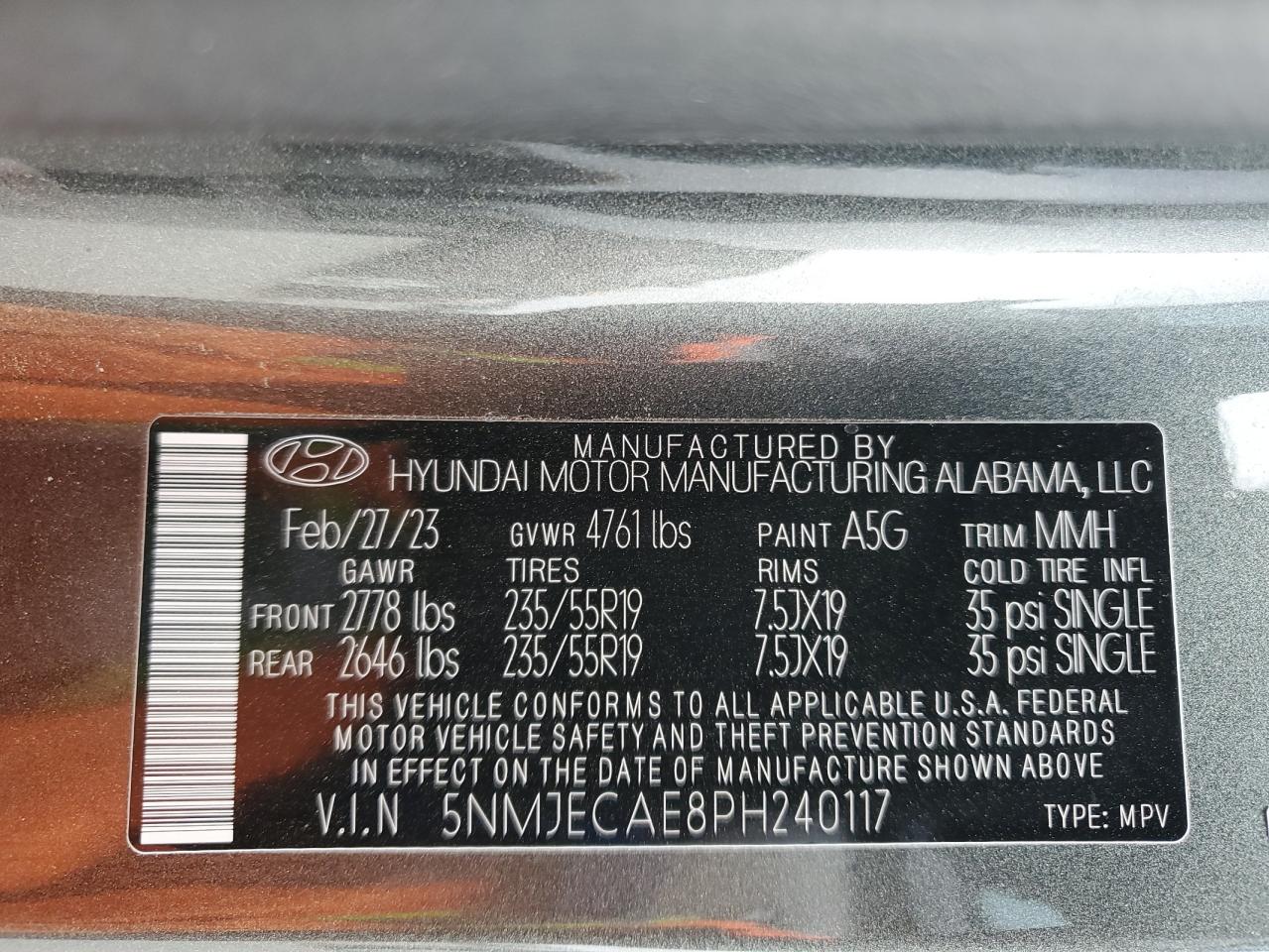 2023 Hyundai Tucson VIN 5NMJECAE8PH240117 Copart auction photo, rear end damage thumbnail 13