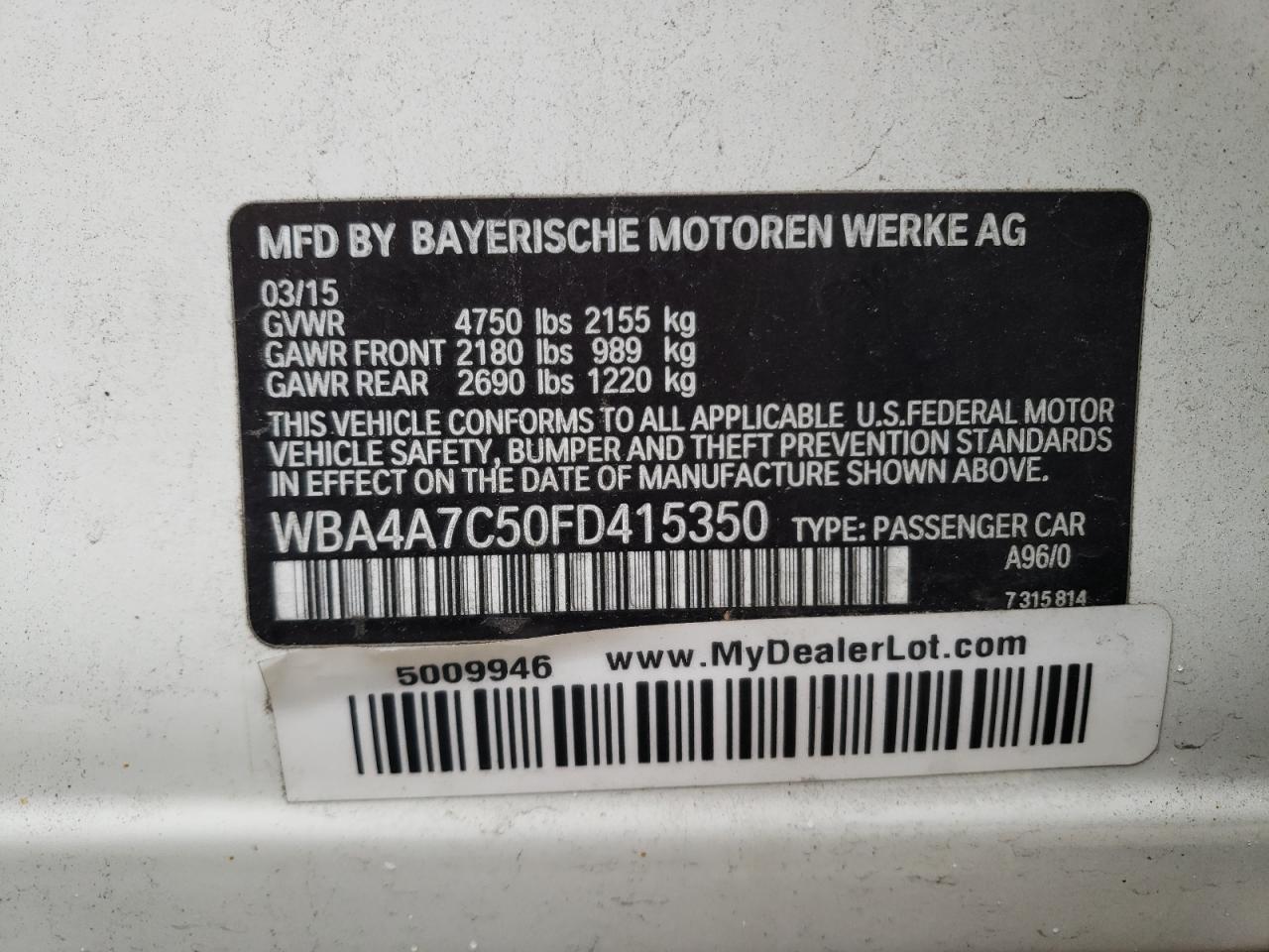 2015 BMW 4er VIN WBA4A7C50FD415350 Copart auction photo, frame damage / front end damage thumbnail 12