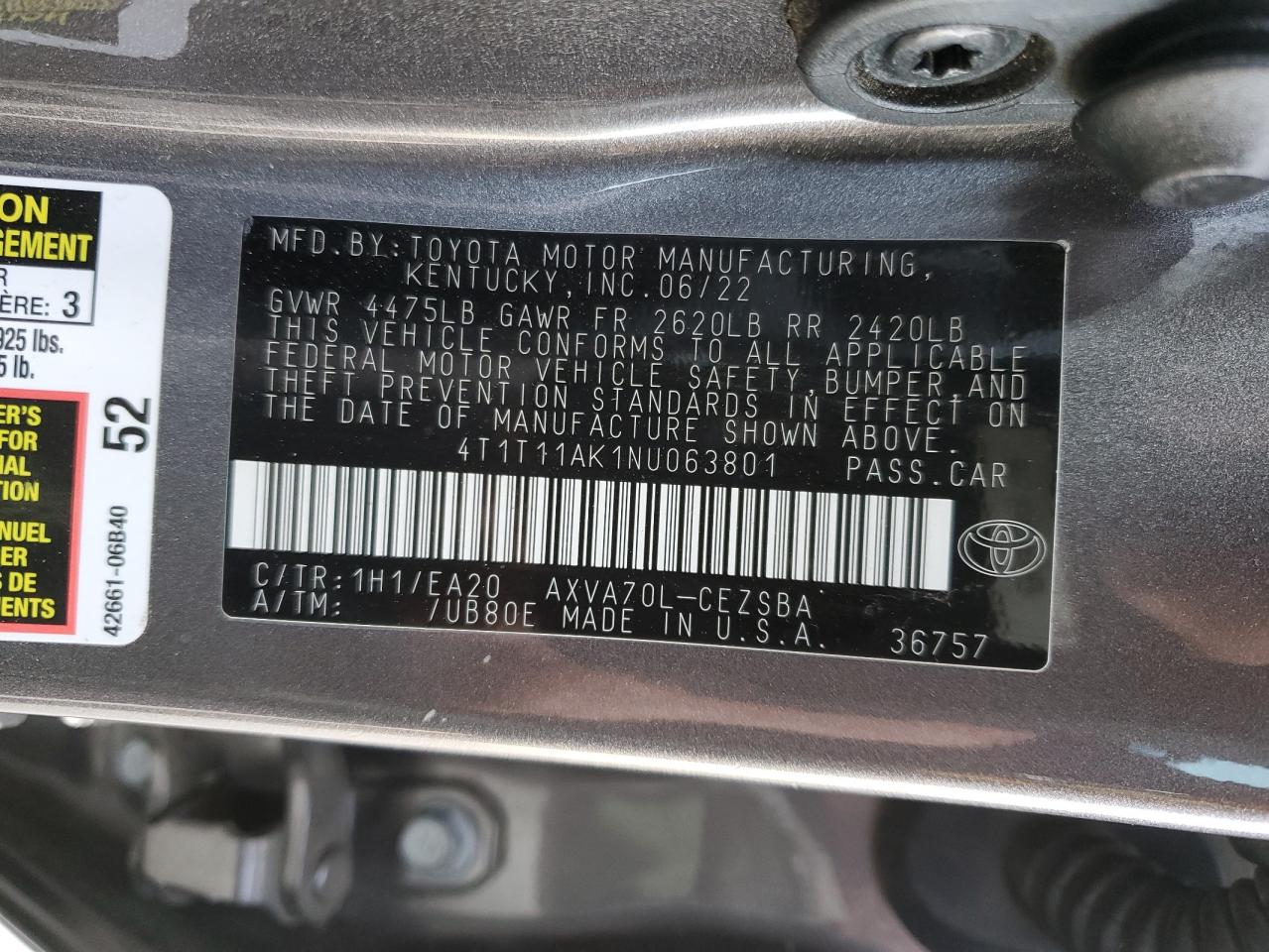 2022 Toyota Camry VIN 4T1T11AK1NU063801 Copart auction photo, all over damage thumbnail 14