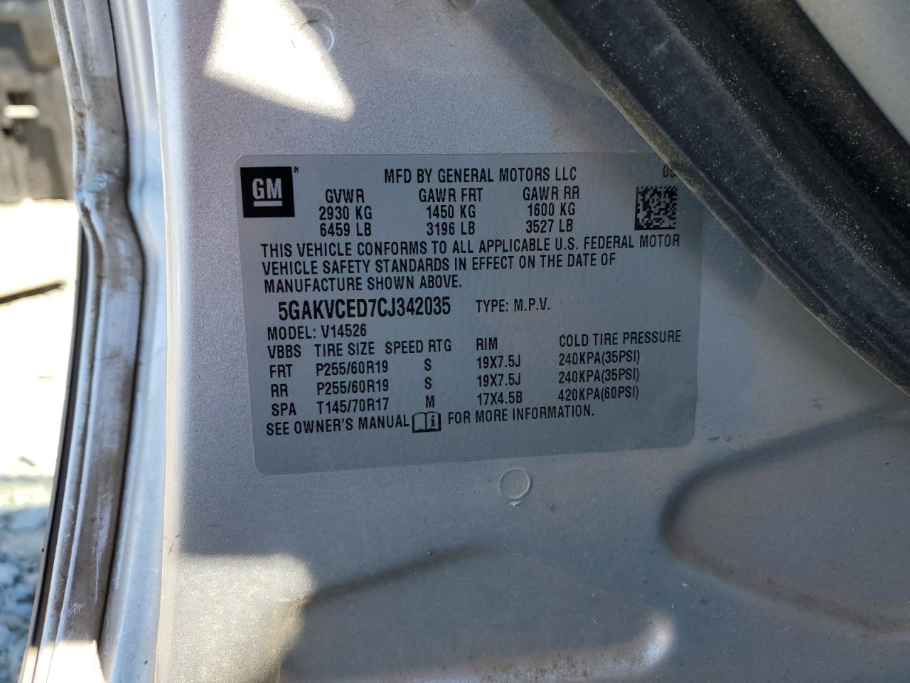 2012 Buick Enclave VIN 5GAKVCED7CJ342035 Copart auction photo, front end damage thumbnail 13