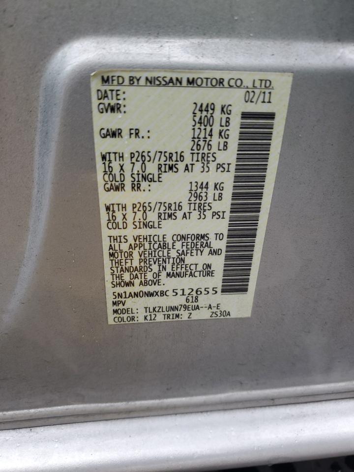 2011 Nissan XTerra VIN 5N1AN0NWXBC512655 Copart auction photo, rear end damage thumbnail 13
