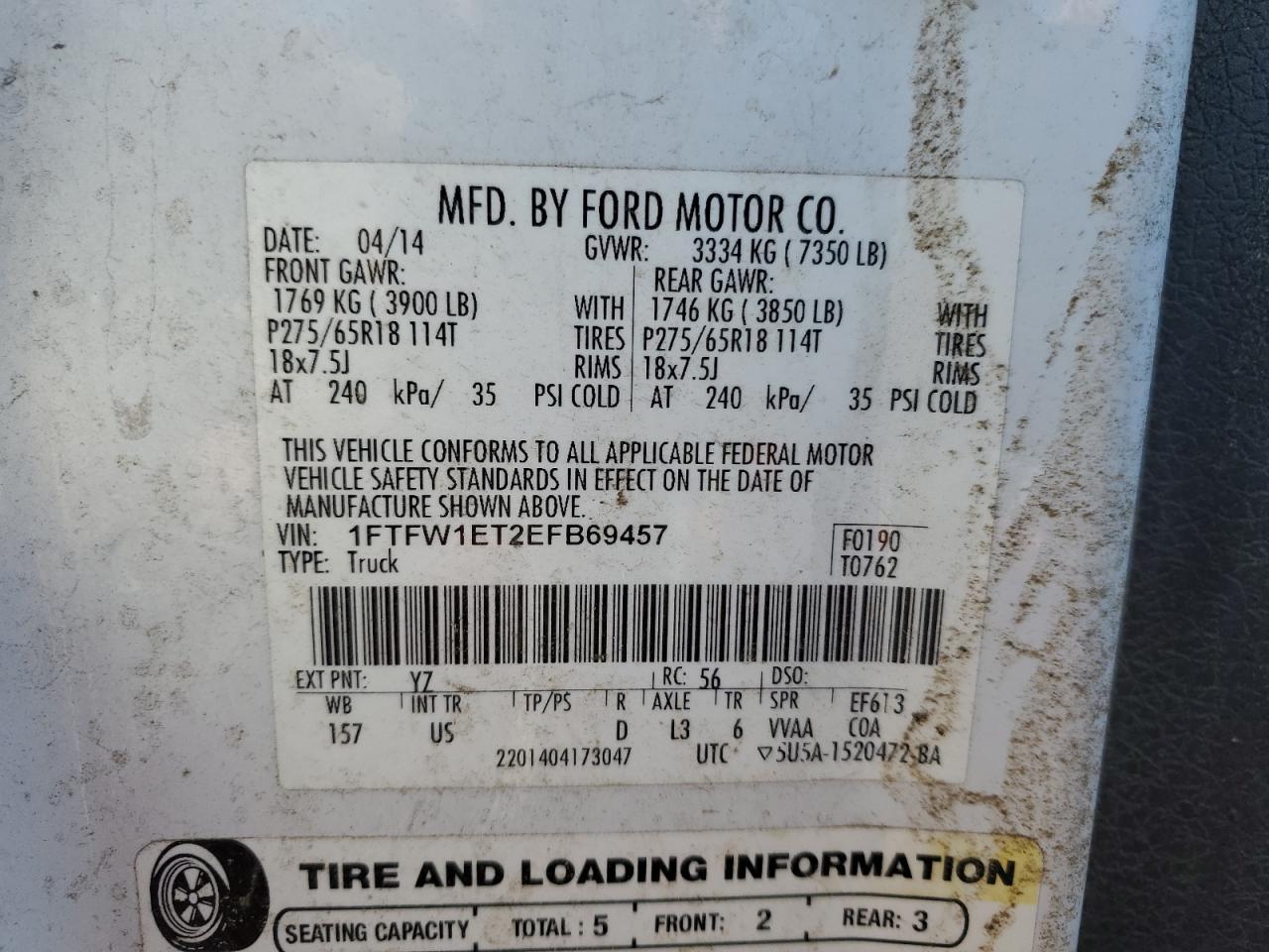 2014 Ford F-150 VIN 1FTFW1ET2EFB69457 Copart auction photo, rear end / front end damage thumbnail 12