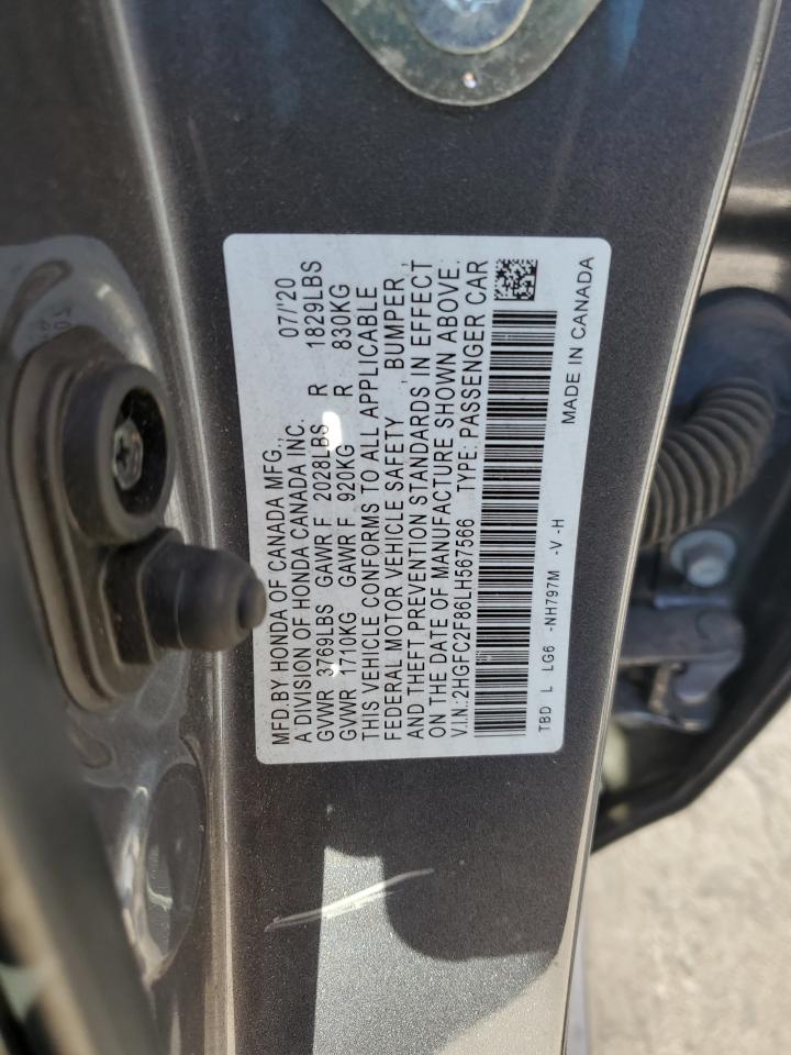2020 Honda Civic VIN 2HGFC2F86LH567566 Copart auction photo, front end / side damage thumbnail 13
