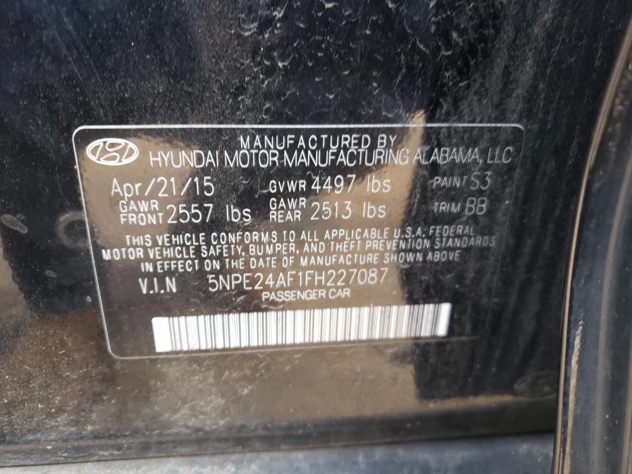 2015 Hyundai Sonata VIN 5NPE24AF1FH227087 Copart auction photo, front end damage thumbnail 15